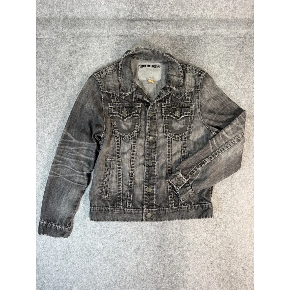 True Religion Jimmy Super T Denim Jacket Men's M Black Gray Horseshoe Y2K